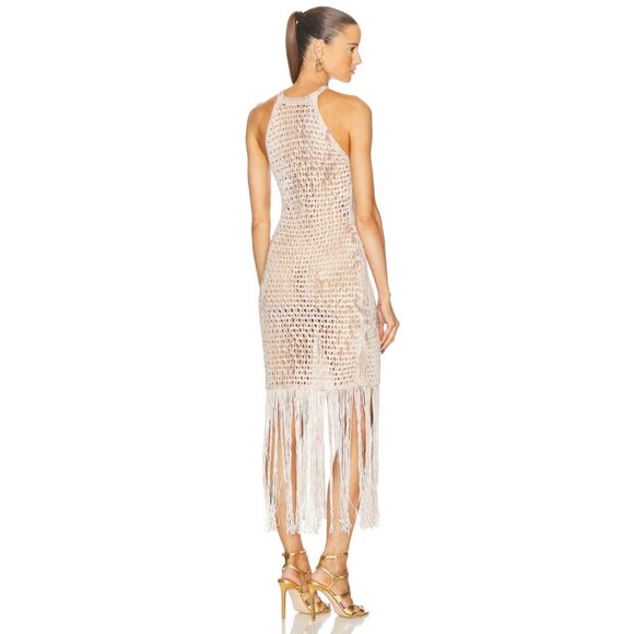 Blumarine Long Fringe Dress in Chalk & Bear Brown - Picture 3 of 3